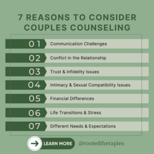 Infographic listing 7 reasons to consider couples counseling: communication challenges, relationship conflict, trust and infidelity, intimacy and sexual compatibility, financial differences, life transitions and stress, and varying needs and expectations.