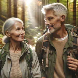 A rejuvenated couple in their 50s enjoys a serene hike in the lush greenery of North Port, symbolizing the growth and connection fostered through couples counseling.