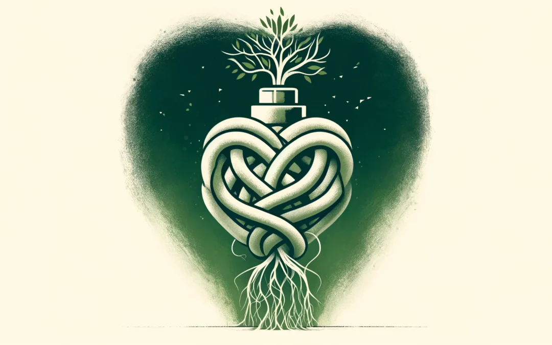A symbolic image of a heart-shaped knot with interwoven ropes and a tree growing from the top, rooted in the knot, set against a dark background, representing growth and complexity in relationships.
