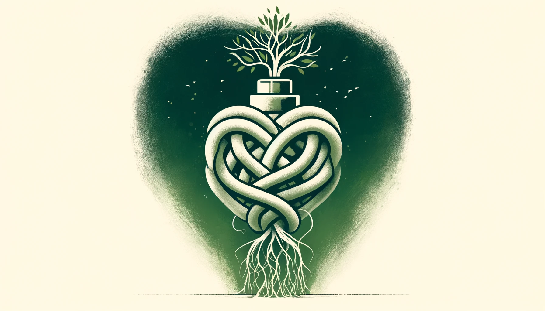A symbolic image of a heart-shaped knot with interwoven ropes and a tree growing from the top, rooted in the knot, set against a dark background, representing growth and complexity in relationships.