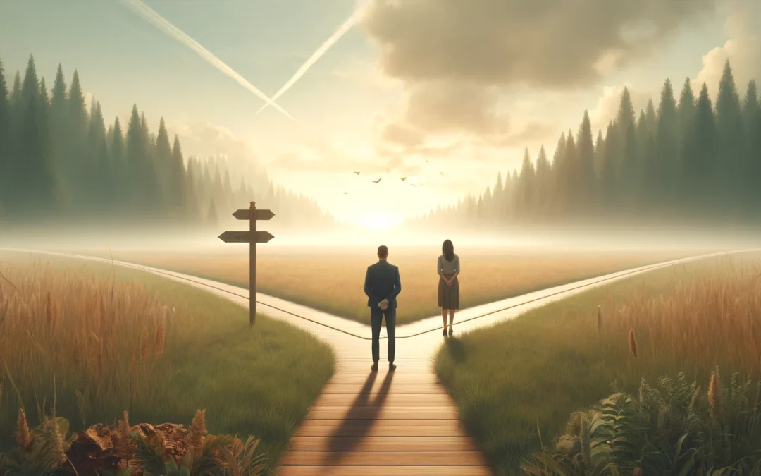 A contemplative couple at a crossroads in a serene landscape, symbolizing life-changing decisions with divorce counseling in North Port.